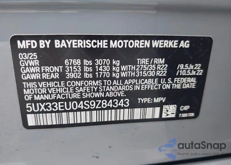 2025 BMW X5 M60I z USA, uszkodzony, nr VIN 5UX33EU04S9Z84343